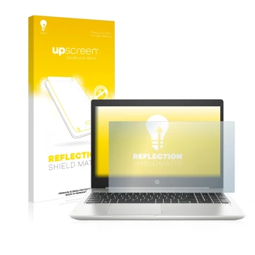 Vorderseite einer Produktverpackung mit dem Markenlogo upscreen. Daneben ist das Gerät HP ProBook 450 G6 mit dem zugehörigen D