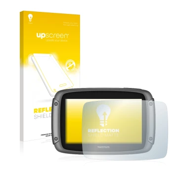 Vorderseite einer Produktverpackung mit dem Markenlogo upscreen. Daneben ist das Gerät TomTom Rider 50 mit dem zugehörigen Dis