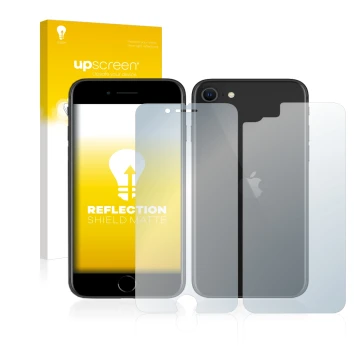 Vorderseite einer Produktverpackung mit dem Markenlogo upscreen. Daneben ist das Gerät Apple iPhone SE 2 2020 (Display+Rücksei