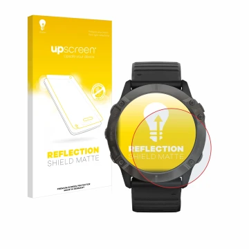 Vorderseite einer Produktverpackung mit dem Markenlogo upscreen. Daneben ist das Gerät Garmin Fenix 6X Pro Solar mit dem zugeh