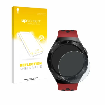 Vorderseite einer Produktverpackung mit dem Markenlogo upscreen. Daneben ist das Gerät Huawei Watch GT 2e mit dem zugehörigen 