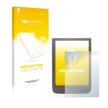 Vorderseite einer Produktverpackung mit dem Markenlogo upscreen. Daneben ist das Gerät PocketBook InkPad 3 Pro mit dem zugehör