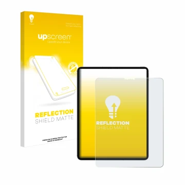 Vorderseite einer Produktverpackung mit dem Markenlogo upscreen. Daneben ist das Gerät Apple iPad 12.9