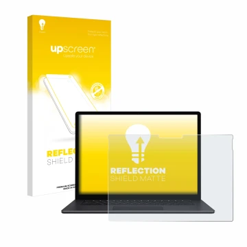 Vorderseite einer Produktverpackung mit dem Markenlogo upscreen. Daneben ist das Gerät Microsoft Surface Book 3 15