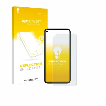 Vorderseite einer Produktverpackung mit dem Markenlogo upscreen. Daneben ist das Gerät Google Pixel 5 mit dem zugehörigen Disp