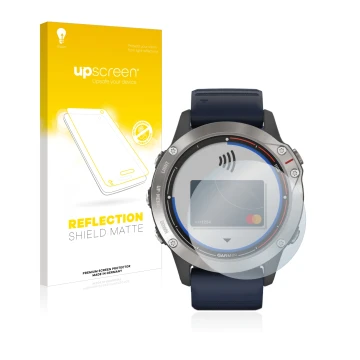 Vorderseite einer Produktverpackung mit dem Markenlogo upscreen. Daneben ist das Gerät Garmin quatix 6 mit dem zugehörigen Dis