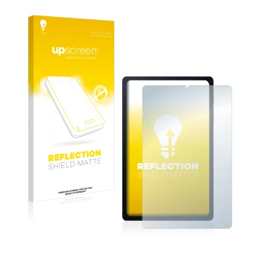 Vorderseite einer Produktverpackung mit dem Markenlogo upscreen. Daneben ist das Gerät Samsung Galaxy Tab S6 Lite 2020 mit dem