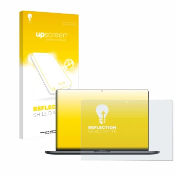 Vorderseite einer Produktverpackung mit dem Markenlogo upscreen. Daneben ist das Gerät Apple MacBook Pro 13