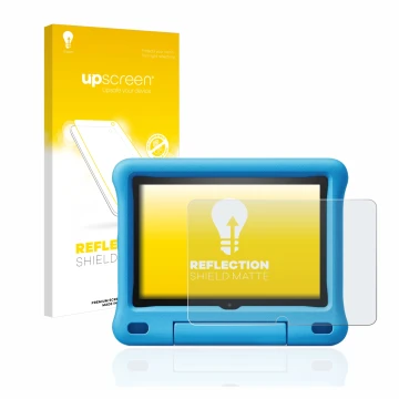 Vorderseite einer Produktverpackung mit dem Markenlogo upscreen. Daneben ist das Gerät Amazon Fire HD 8 Kids Edition 2020 (10.