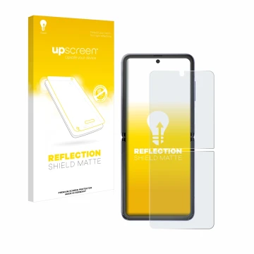 Vorderseite einer Produktverpackung mit dem Markenlogo upscreen. Daneben ist das Gerät Samsung Galaxy Z Flip 5G mit dem zugehö