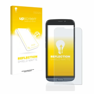 Vorderseite einer Produktverpackung mit dem Markenlogo upscreen. Daneben ist das Gerät Doro 8050 mit dem zugehörigen Displaysc