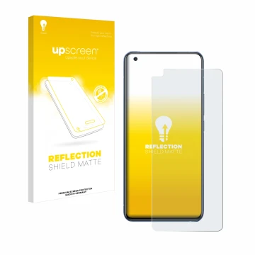 Vorderseite einer Produktverpackung mit dem Markenlogo upscreen. Daneben ist das Gerät Vivo X50 mit dem zugehörigen Displaysch