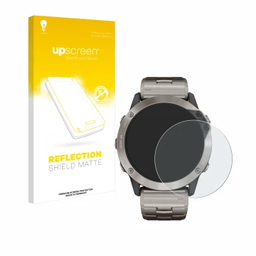 Vorderseite einer Produktverpackung mit dem Markenlogo upscreen. Daneben ist das Gerät Garmin quatix 6x Solar mit dem zugehöri