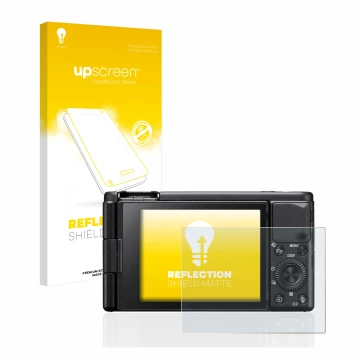 Vorderseite einer Produktverpackung mit dem Markenlogo upscreen. Daneben ist das Gerät Sony ZV-1 mit dem zugehörigen Displaysc