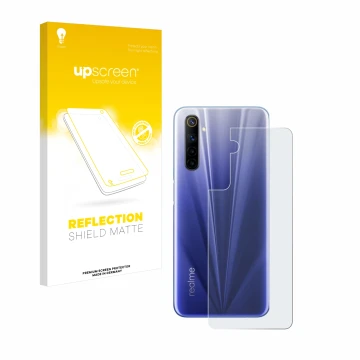 Vorderseite einer Produktverpackung mit dem Markenlogo upscreen. Daneben ist das Gerät realme 6 (Rückseite) mit dem zugehörige