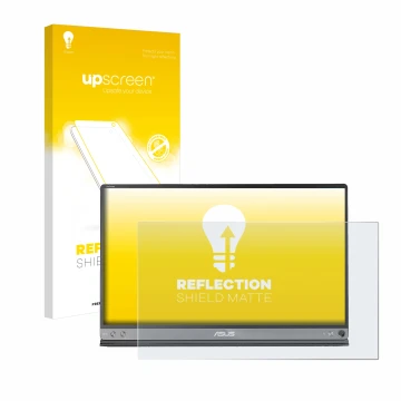 Vorderseite einer Produktverpackung mit dem Markenlogo upscreen. Daneben ist das Gerät ASUS ZenScreen MB16AC mit dem zugehörig