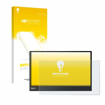 Vorderseite einer Produktverpackung mit dem Markenlogo upscreen. Daneben ist das Gerät Lenovo ThinkVision M14 16:9 mit dem zug