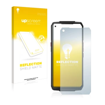 Vorderseite einer Produktverpackung mit dem Markenlogo upscreen. Daneben ist das Gerät Oukitel WP7 mit dem zugehörigen Display