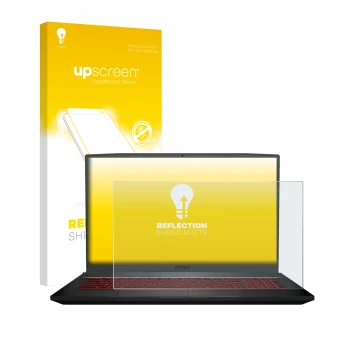 Vorderseite einer Produktverpackung mit dem Markenlogo upscreen. Daneben ist das Gerät MSI GF75 10SDR-234 mit dem zugehörigen 