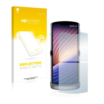 Vorderseite einer Produktverpackung mit dem Markenlogo upscreen. Daneben ist das Gerät Motorola Razr 5G 2020 mit dem zugehörig