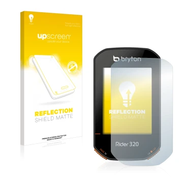 Vorderseite einer Produktverpackung mit dem Markenlogo upscreen. Daneben ist das Gerät Bryton Rider 320 mit dem zugehörigen Di