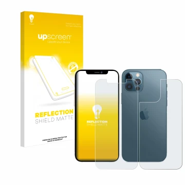 Vorderseite einer Produktverpackung mit dem Markenlogo upscreen. Daneben ist das Gerät Apple iPhone 12 Pro Max (Display+Rückse