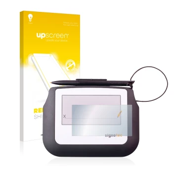 Vorderseite einer Produktverpackung mit dem Markenlogo upscreen. Daneben ist das Gerät Signotec Signature Sigma Lite mit dem z