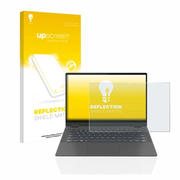 Vorderseite einer Produktverpackung mit dem Markenlogo upscreen. Daneben ist das Gerät Lenovo IdeaPad Flex 5 14