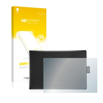 Vorderseite einer Produktverpackung mit dem Markenlogo upscreen. Daneben ist das Gerät Wacom One Medium mit dem zugehörigen Di