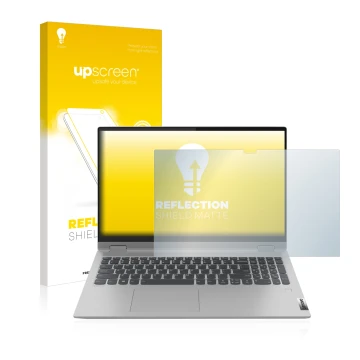 Vorderseite einer Produktverpackung mit dem Markenlogo upscreen. Daneben ist das Gerät Lenovo IdeaPad Flex 5 15