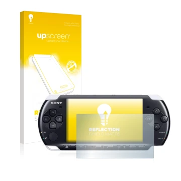 Vorderseite einer Produktverpackung mit dem Markenlogo upscreen. Daneben ist das Gerät Sony PSP 3003 mit dem zugehörigen Displ
