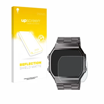 Vorderseite einer Produktverpackung mit dem Markenlogo upscreen. Daneben ist das Gerät Casio A168WEGG-1BEF mit dem zugehörigen