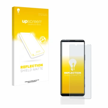 Vorderseite einer Produktverpackung mit dem Markenlogo upscreen. Daneben ist das Gerät Sony Xperia 5 II mit dem zugehörigen Di