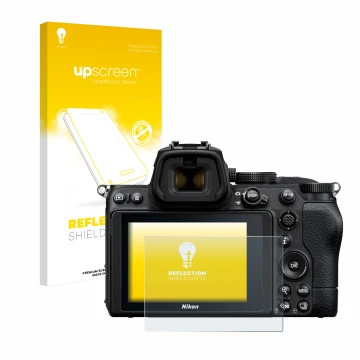 Vorderseite einer Produktverpackung mit dem Markenlogo upscreen. Daneben ist das Gerät Nikon Z 5 mit dem zugehörigen Displaysc