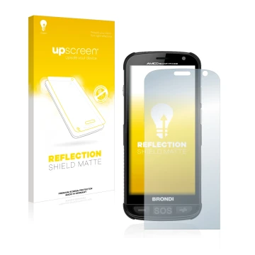 Vorderseite einer Produktverpackung mit dem Markenlogo upscreen. Daneben ist das Gerät Brondi Amico mit dem zugehörigen Displa