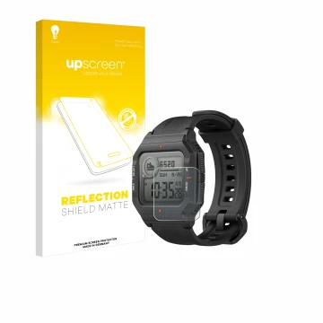 Vorderseite einer Produktverpackung mit dem Markenlogo upscreen. Daneben ist das Gerät Huami Amazfit Neo mit dem zugehörigen D