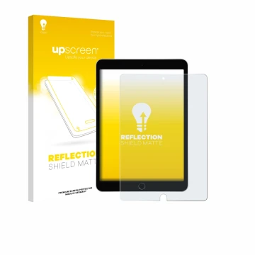 Vorderseite einer Produktverpackung mit dem Markenlogo upscreen. Daneben ist das Gerät Apple iPad 10.2