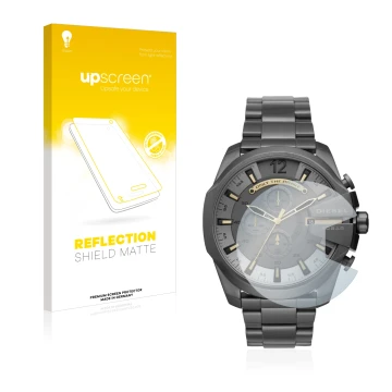 Vorderseite einer Produktverpackung mit dem Markenlogo upscreen. Daneben ist das Gerät Diesel Chronograph DZ4466 mit dem zugeh