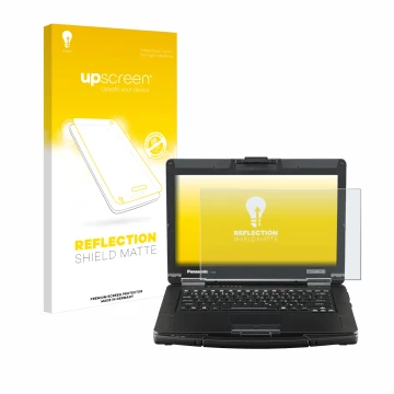 Vorderseite einer Produktverpackung mit dem Markenlogo upscreen. Daneben ist das Gerät Panasonic Toughbook FZ-55 Full HD mit d