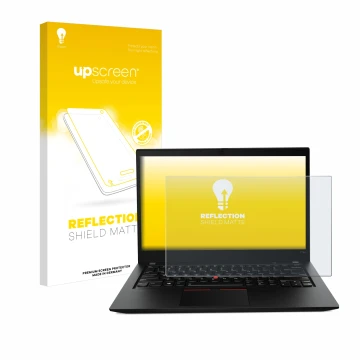 Vorderseite einer Produktverpackung mit dem Markenlogo upscreen. Daneben ist das Gerät Lenovo ThinkPad T14s Gen 1 mit dem zuge