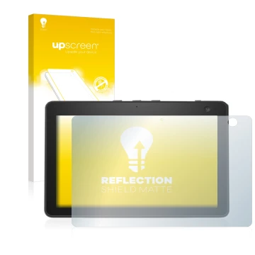 Vorderseite einer Produktverpackung mit dem Markenlogo upscreen. Daneben ist das Gerät Amazon Echo Show 10 (3. Gen.) mit dem z