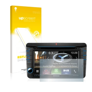 Vorderseite einer Produktverpackung mit dem Markenlogo upscreen. Daneben ist das Gerät Kenwood DNX518VDABS mit dem zugehörigen