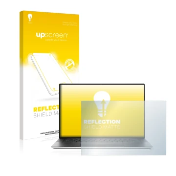 Vorderseite einer Produktverpackung mit dem Markenlogo upscreen. Daneben ist das Gerät Dell XPS 15 9500 mit dem zugehörigen Di
