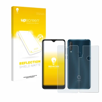 Vorderseite einer Produktverpackung mit dem Markenlogo upscreen. Daneben ist das Gerät Alcatel 1S 2020 (Display+Rückseite) mit