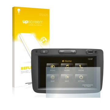 Vorderseite einer Produktverpackung mit dem Markenlogo upscreen. Daneben ist das Gerät Dacia Duster 2 2019 Infotainment System