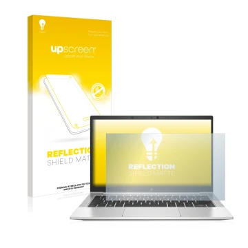 Vorderseite einer Produktverpackung mit dem Markenlogo upscreen. Daneben ist das Gerät HP EliteBook 830 G7 Non-Touch mit dem z