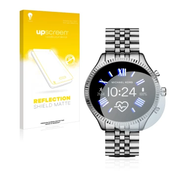 Vorderseite einer Produktverpackung mit dem Markenlogo upscreen. Daneben ist das Gerät Michael Kors Access Gen 5 Lexington mit