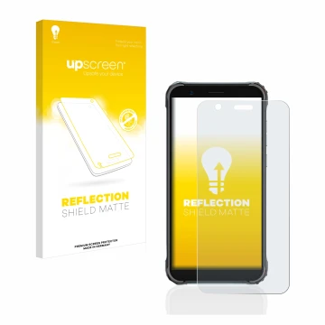 Vorderseite einer Produktverpackung mit dem Markenlogo upscreen. Daneben ist das Gerät Blackview BV4900 Pro mit dem zugehörige