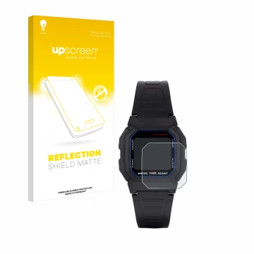 Vorderseite einer Produktverpackung mit dem Markenlogo upscreen. Daneben ist das Gerät Casio W-800H-1AVES mit dem zugehörigen 