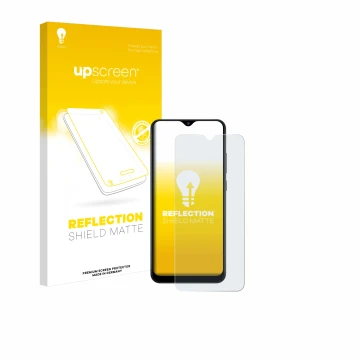 Vorderseite einer Produktverpackung mit dem Markenlogo upscreen. Daneben ist das Gerät Samsung Galaxy A02s mit dem zugehörigen